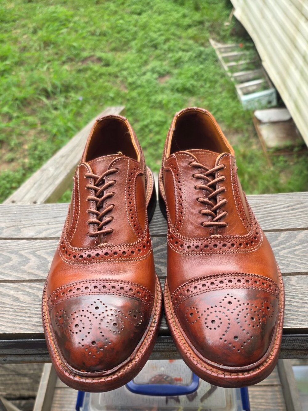 Allen Edmonds Elgin Brown 9.5-D Burnished Mens Leather Captoe Oxford Dress Shoes